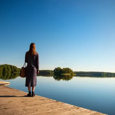 Women in business attire on Ullinge pier